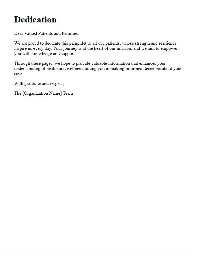 Letter template of patient awareness pamphlet dedication