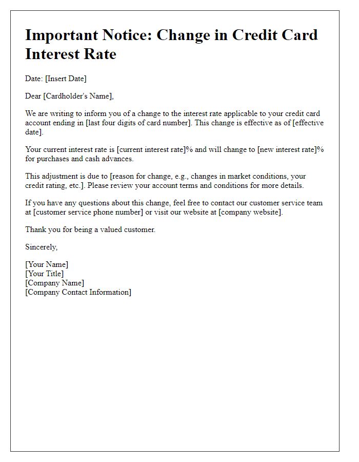 Letter template of Change in Credit Card Interest Rate Information