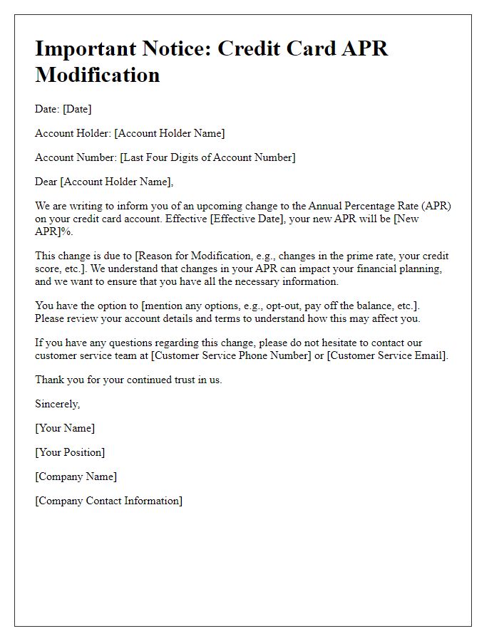 Letter template of Notice on Credit Card APR Modification