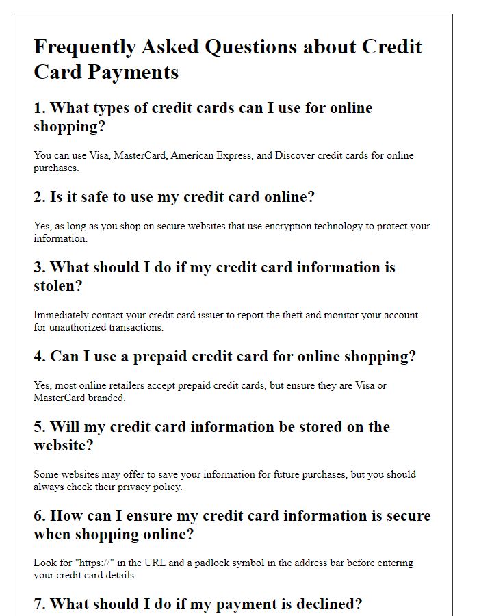 Letter template of credit card payment FAQ for online shoppers.