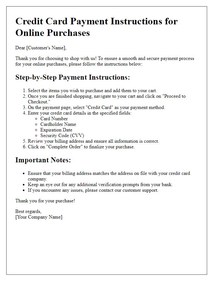 Letter template of credit card payment instructions for online purchases.