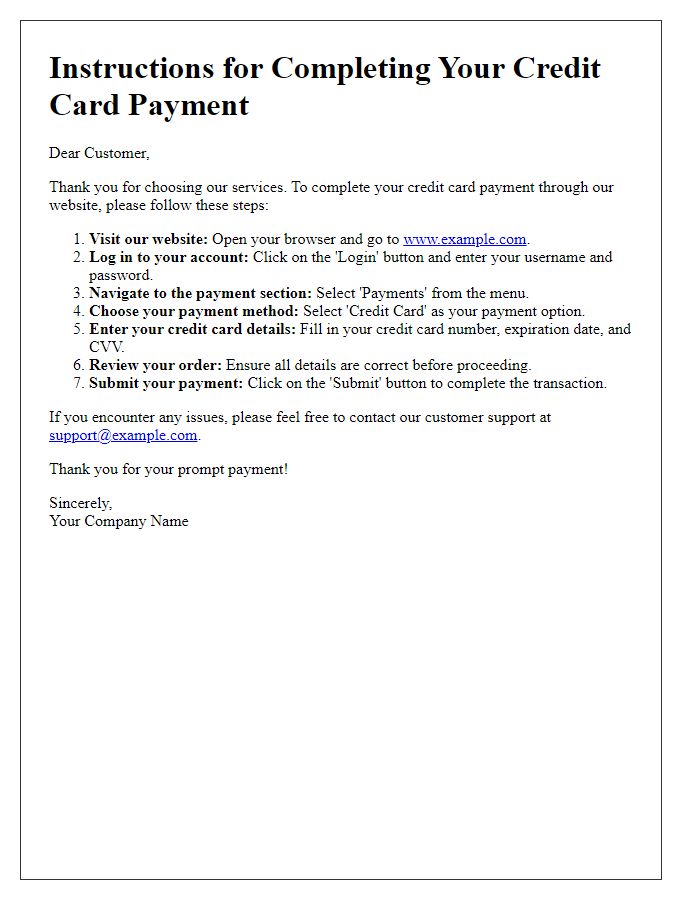 Letter template of directions for completing credit card payments via the website.
