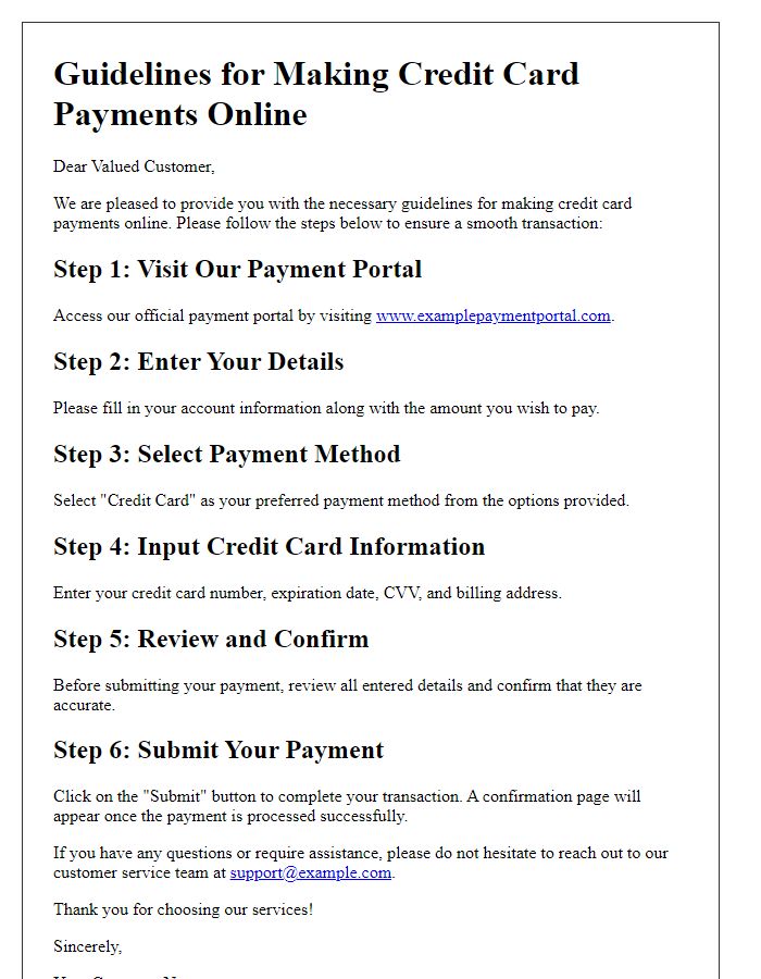 Letter template of guidelines for making credit card payments online.