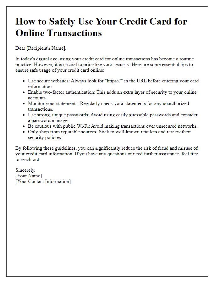 Letter template of how to safely use your credit card for online transactions.