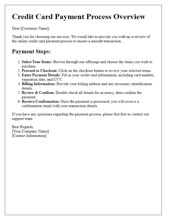 Letter template of online credit card payment process overview.