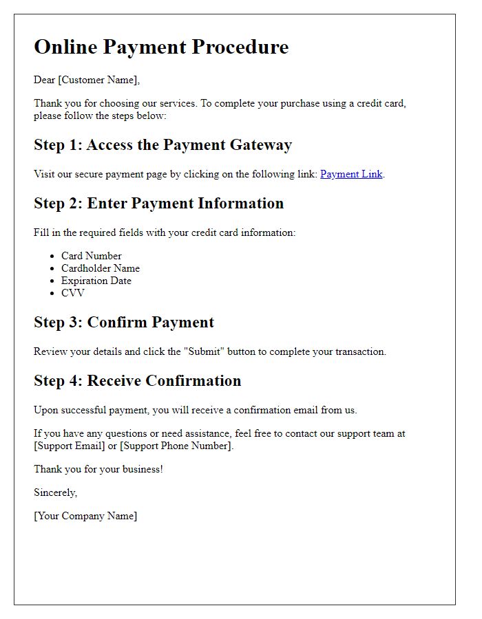 Letter template of online payment procedure using your credit card.