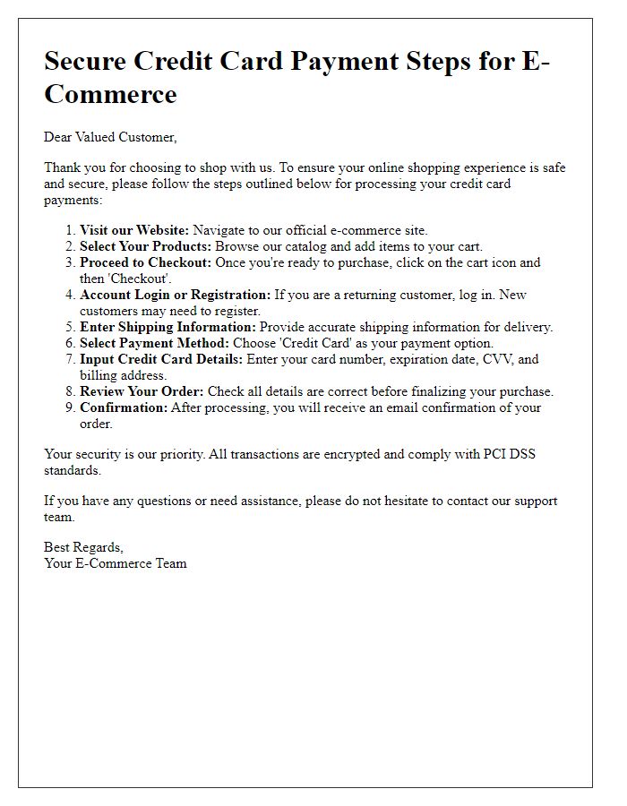 Letter template of secure credit card payment steps for e-commerce.