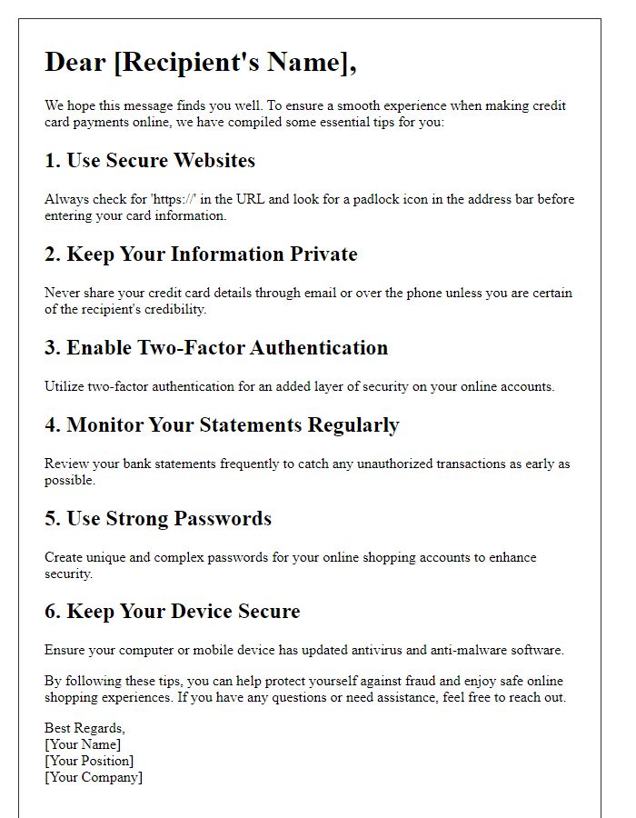 Letter template of tips for ensuring smooth credit card payments on the internet.