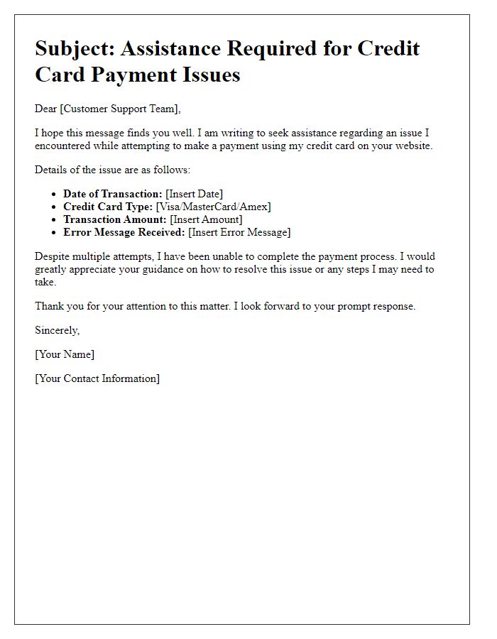 Letter template of troubleshooting credit card payment issues online.