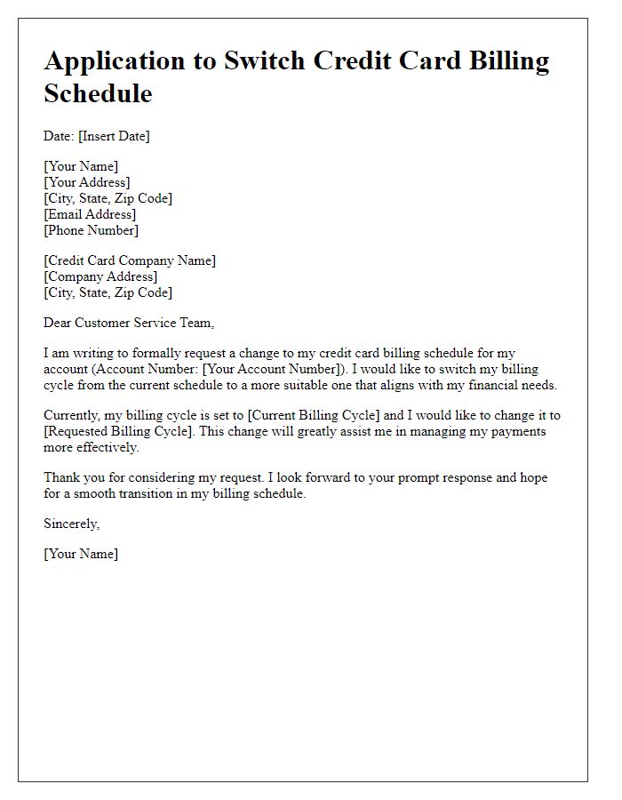 Letter template of application to switch credit card billing schedule