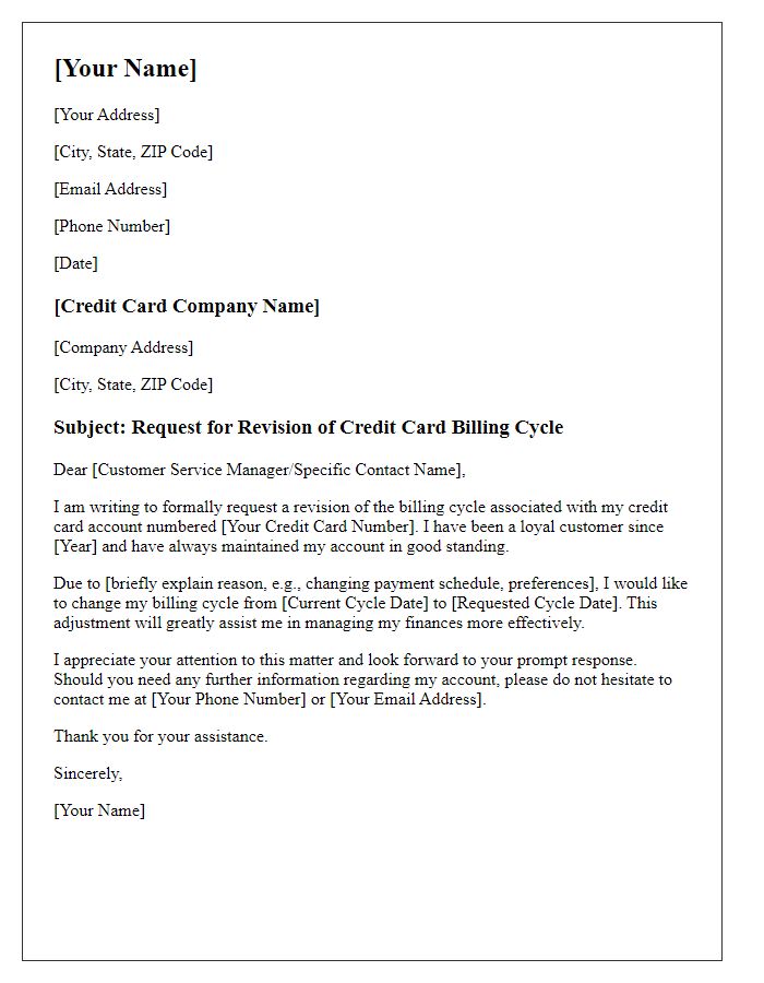 Letter template of demand for revision of credit card billing cycle