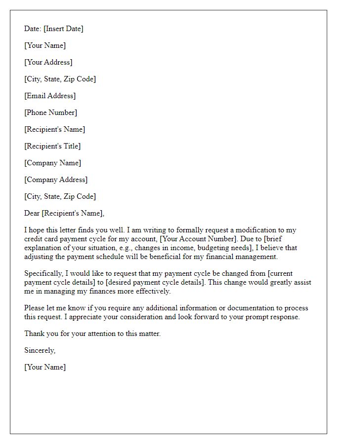 Letter template of formal request to modify credit card payment cycle