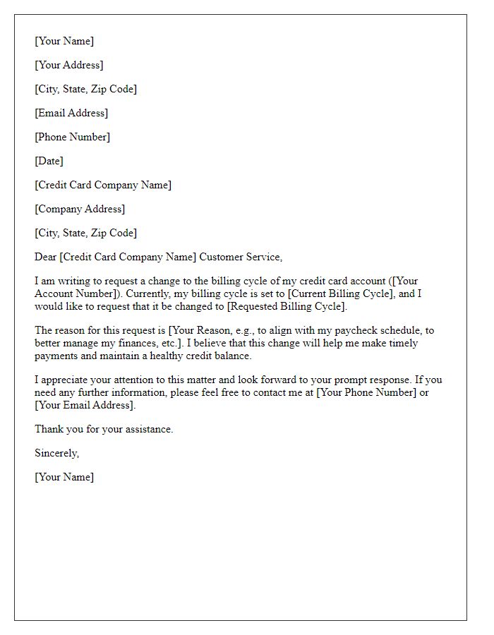 Letter template of request to change credit card billing cycle