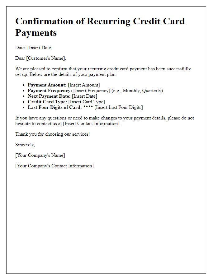 Letter template of confirmation for recurring credit card payments