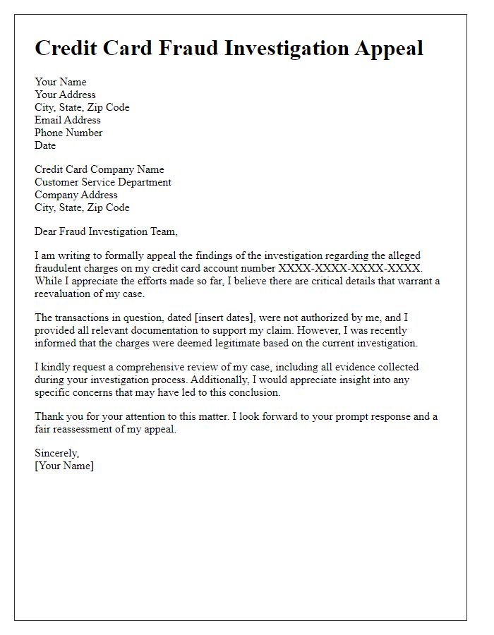 Letter template of credit card fraud investigation appeal