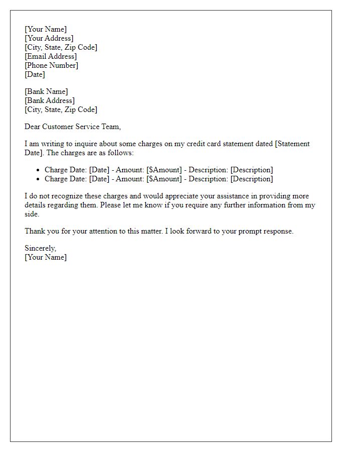 Letter template of inquiries regarding credit card charges