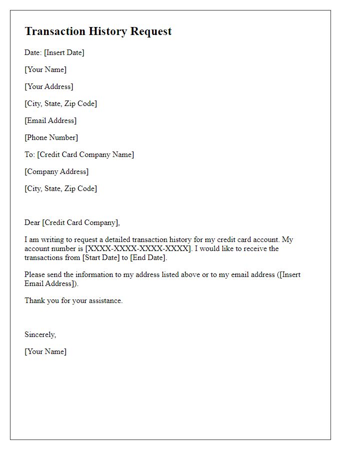 Letter template of transaction history request for credit card