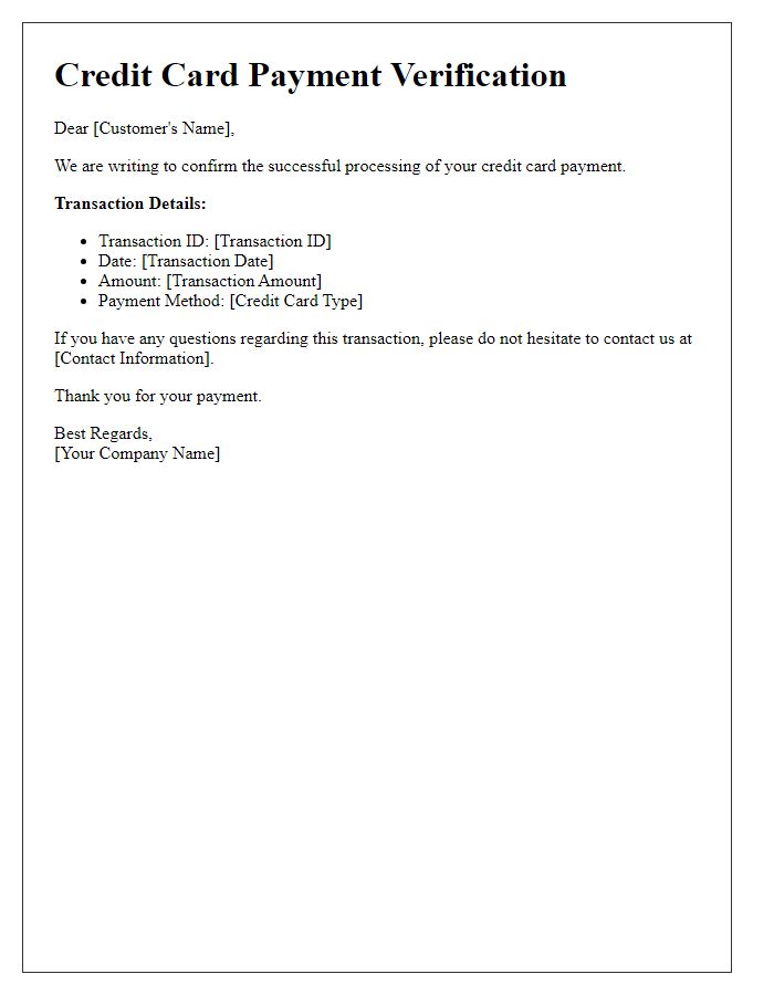 Letter template of verification of credit card payment