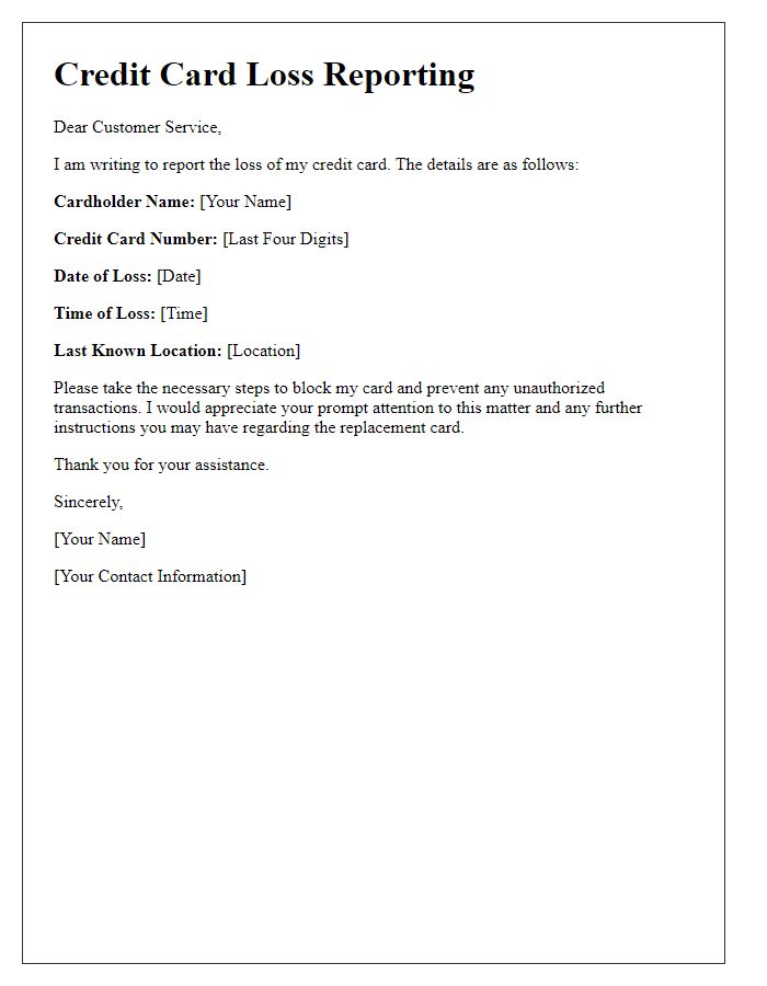 Letter template of credit card loss reporting to customer service.