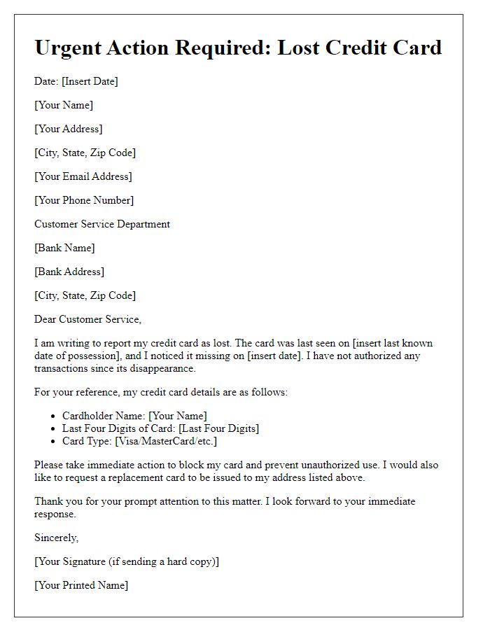 Letter template of immediate action needed for lost credit card.