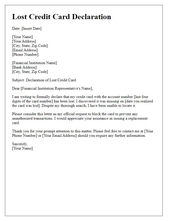 Letter template of lost credit card declaration for financial institution.