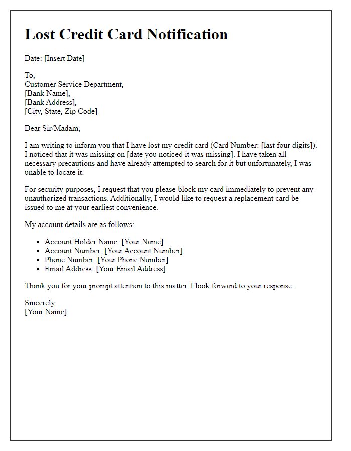 Letter template of lost credit card notification to bank.