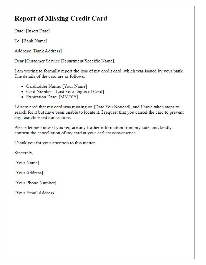 Letter template of reporting a missing credit card.