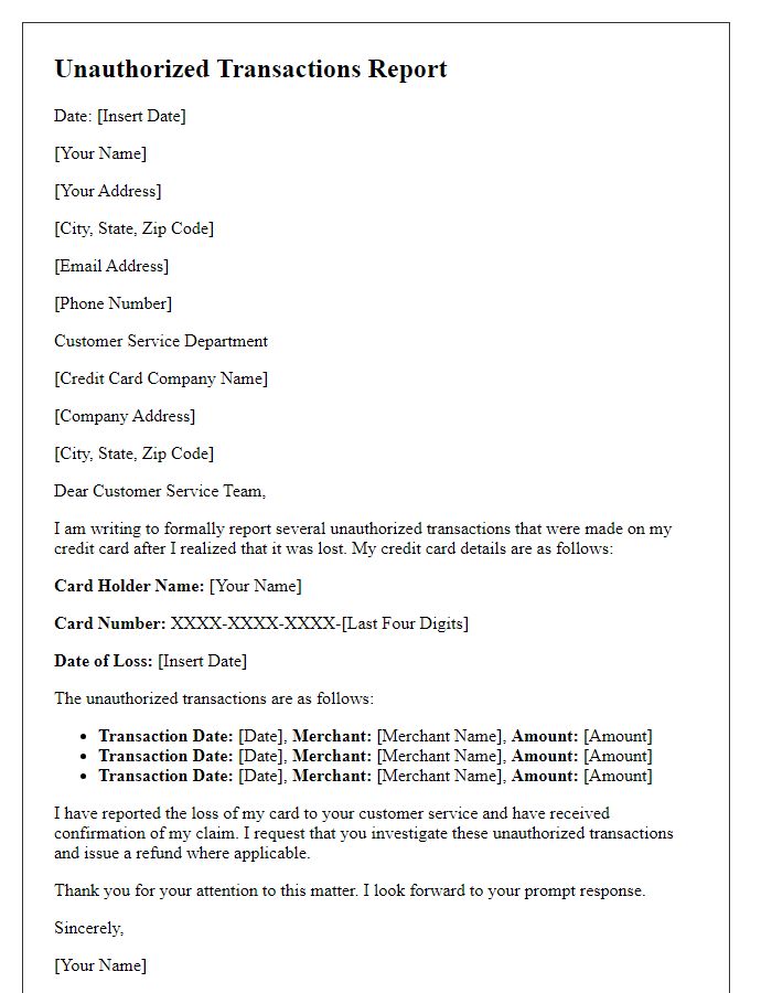 Letter template of reporting unauthorized transactions after credit card loss.