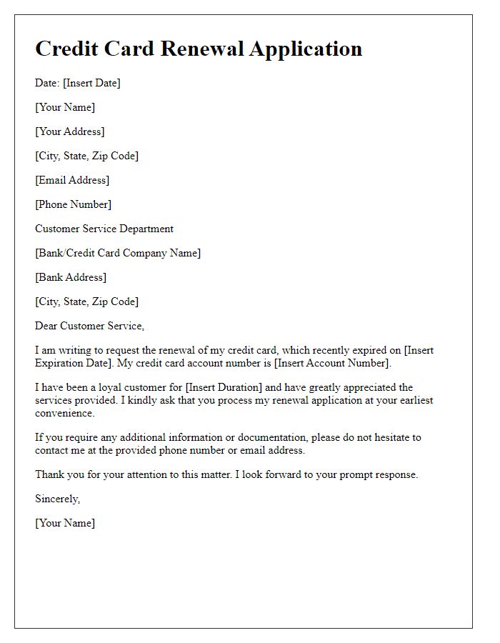 Letter template of renewal application for expired credit card.