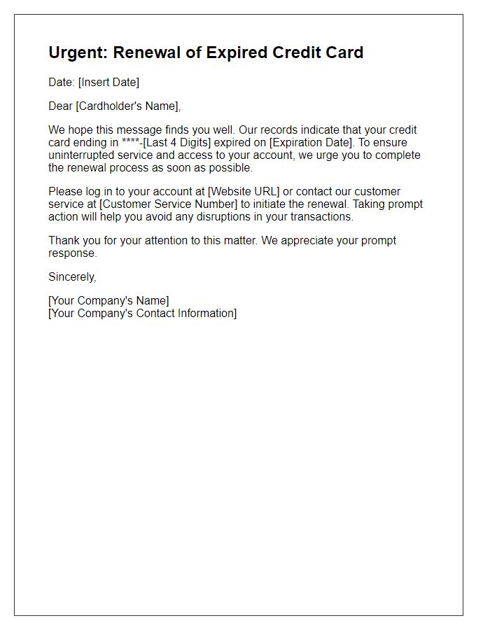 Letter template of urgent renewal for expired credit card.