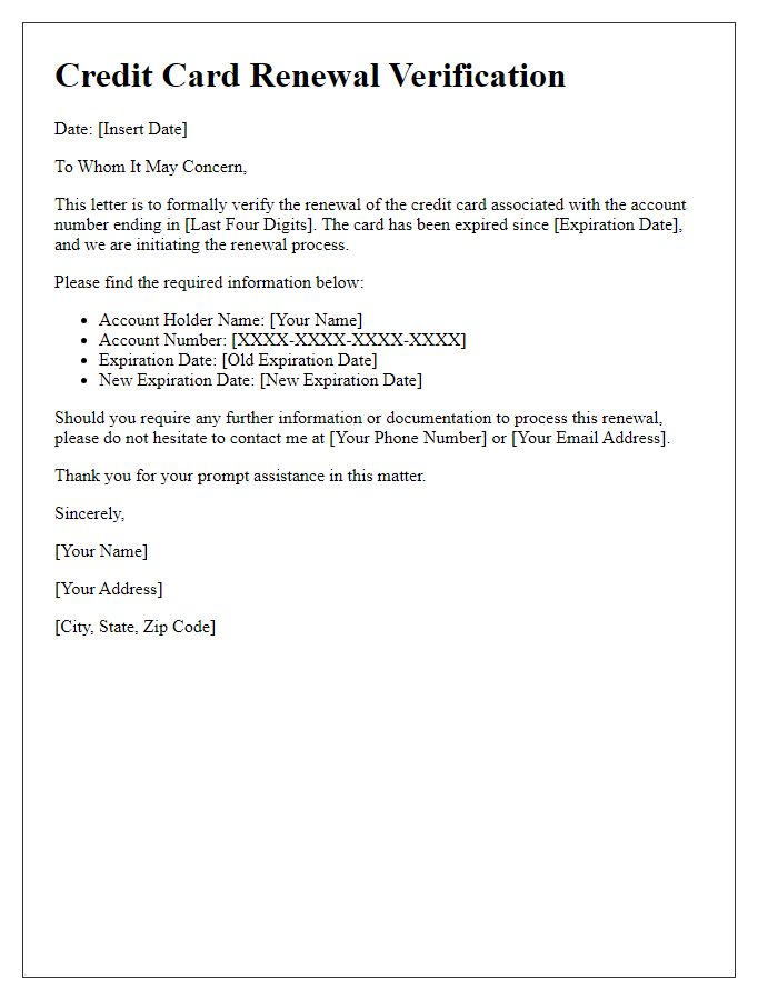 Letter template of verification for expired credit card renewal.