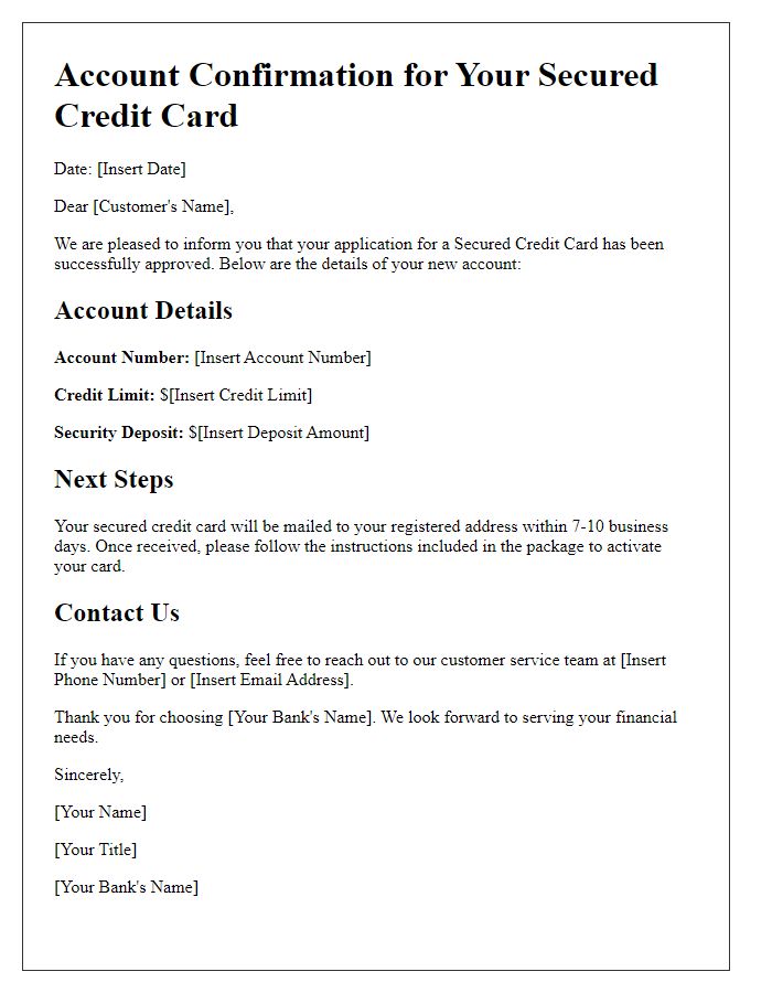 Letter template of secured credit card account confirmation