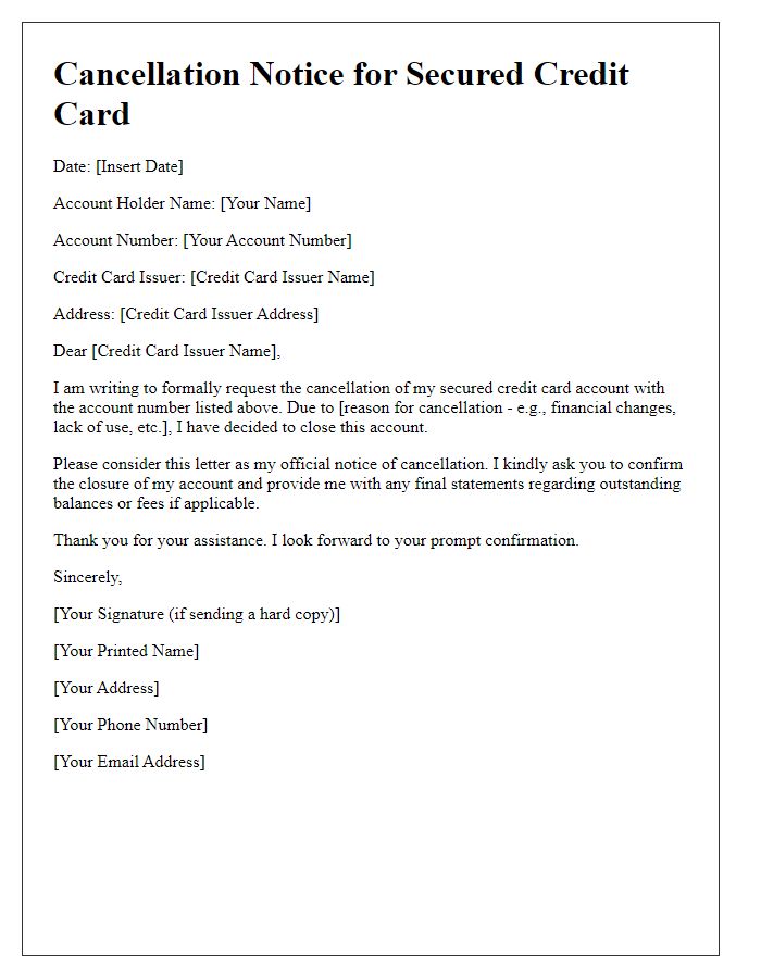 Letter template of secured credit card cancellation notice