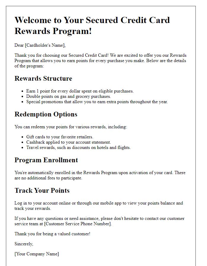 Letter template of secured credit card rewards program details