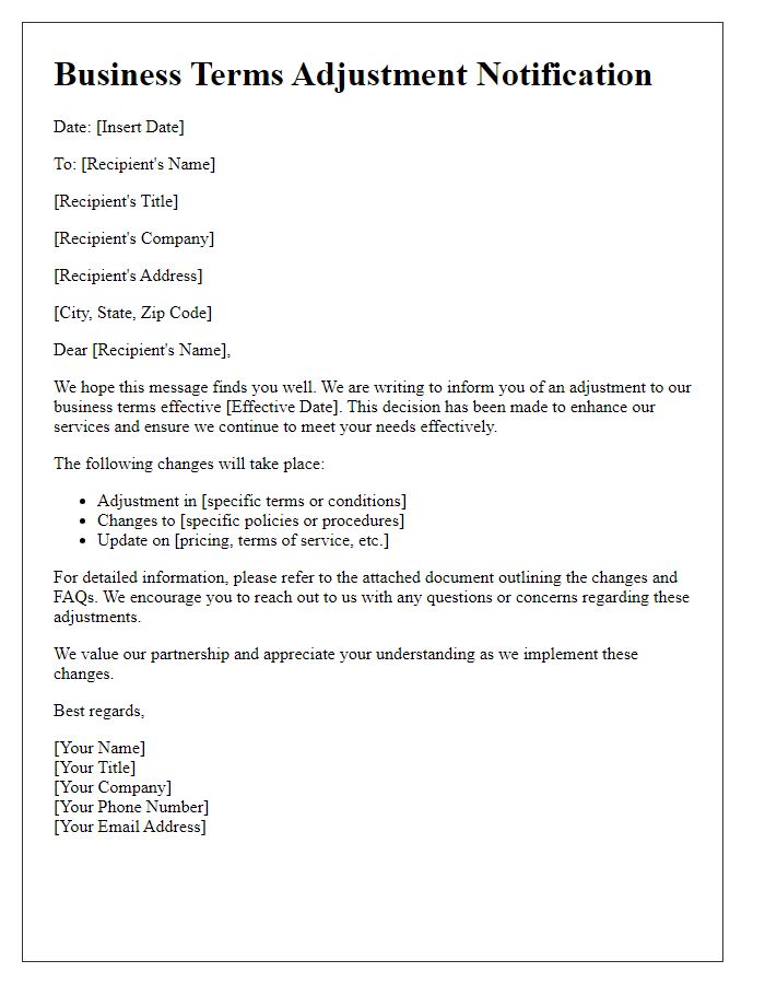 Letter template of business terms adjustment notification.