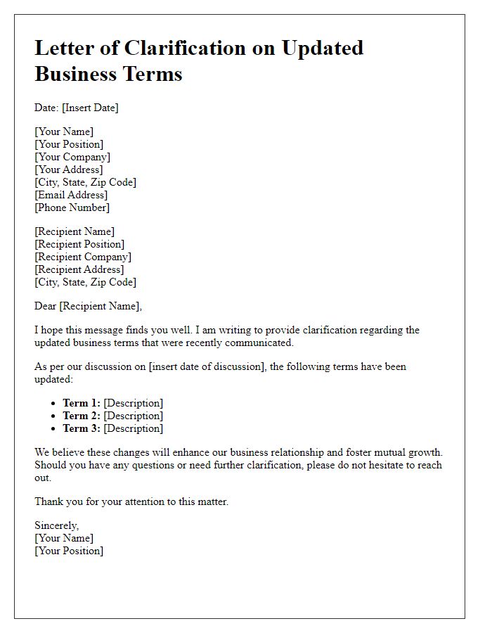 Letter template of clarification on updated business terms.