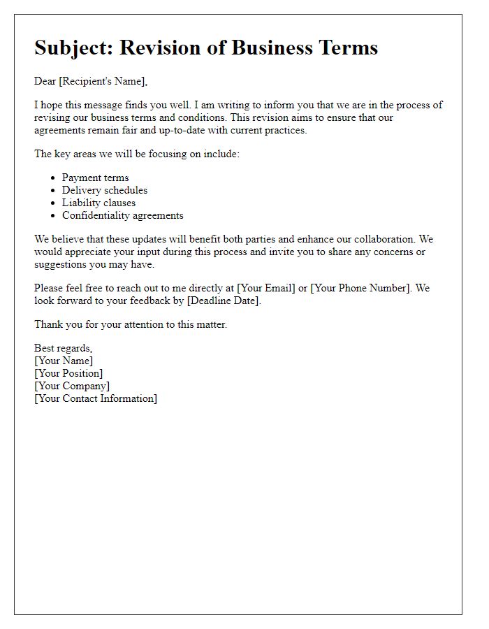 Letter template of communication about business terms revision.