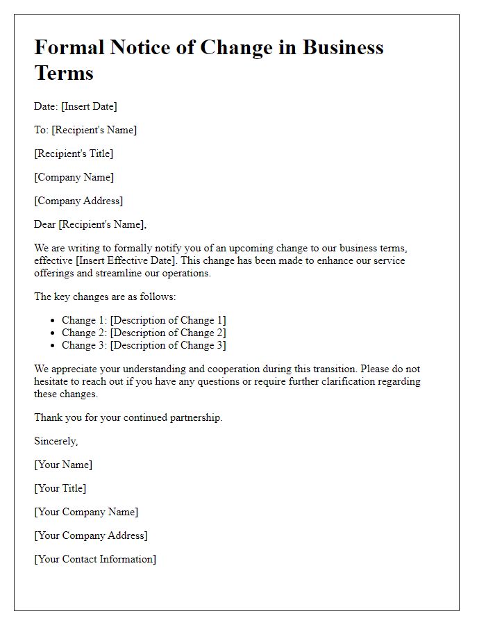 Letter template of formal notice for business terms change.