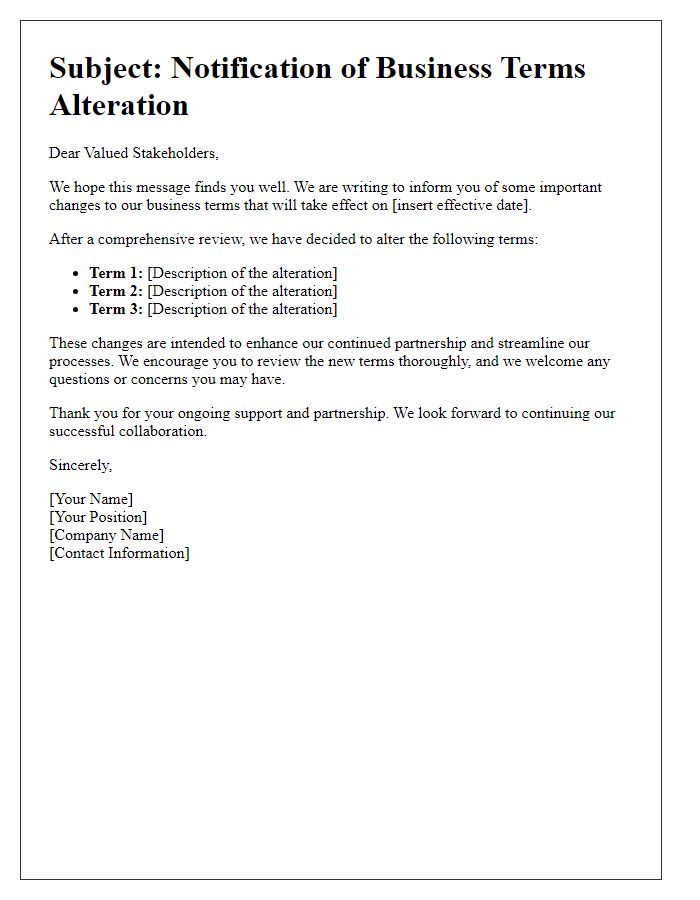 Letter template of informing stakeholders about business terms alteration.