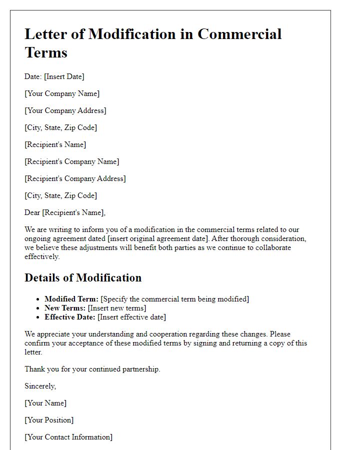 Letter template of modification in commercial terms.