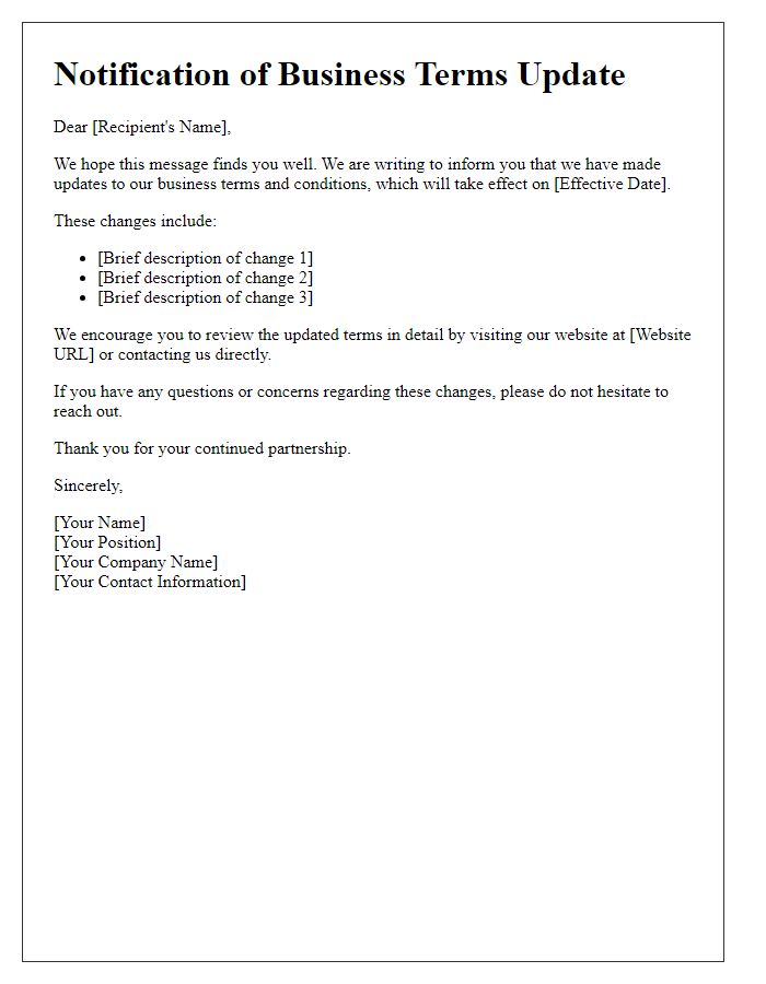 Letter template of notification regarding business terms update.