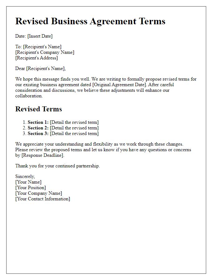 Letter template of revised business agreement terms.