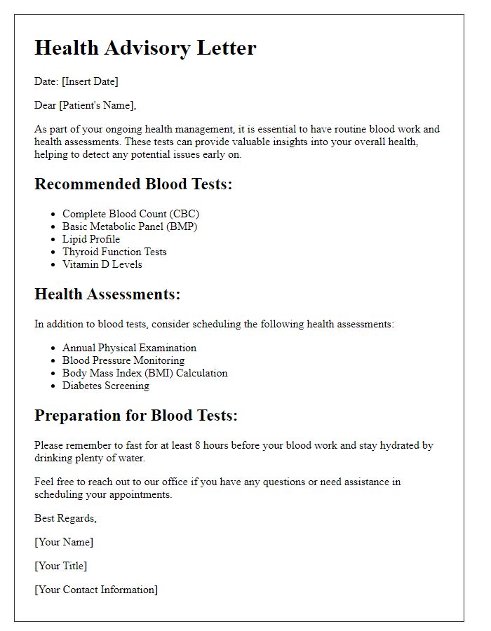 Letter template of advice for routine blood work and health assessments