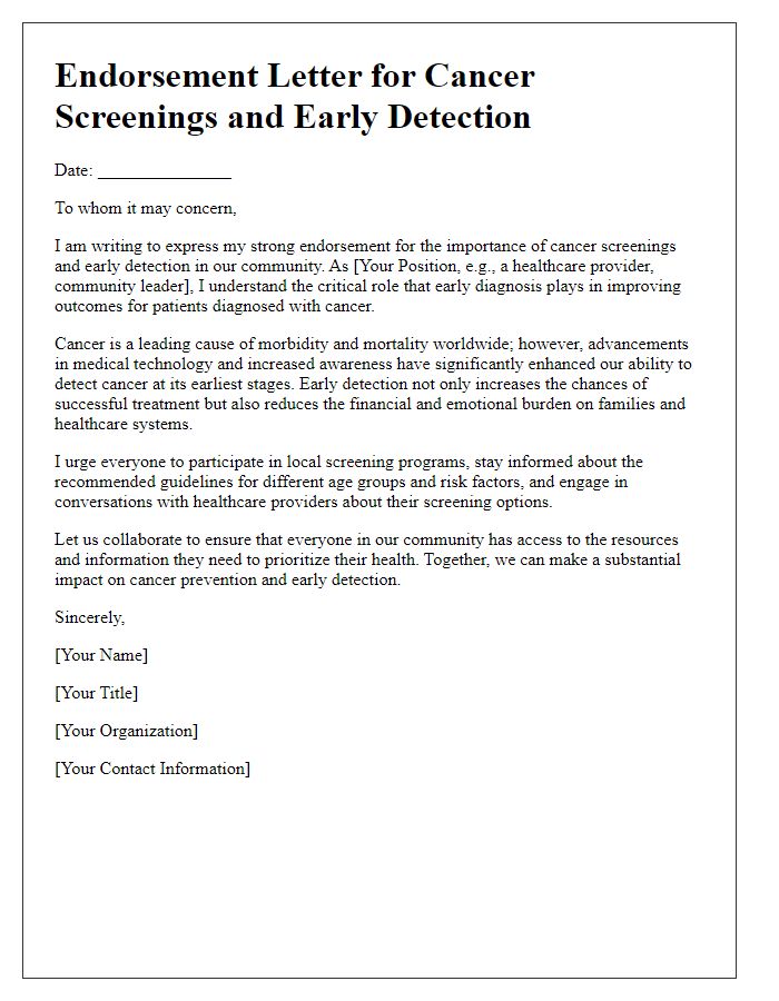 Letter template of endorsement for cancer screenings and early detection