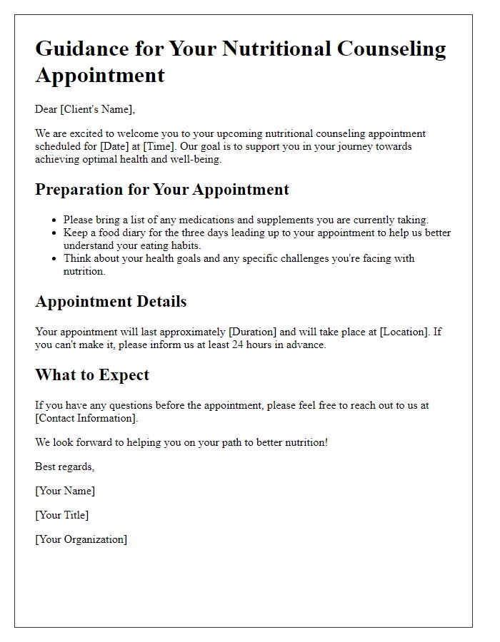 Letter template of guidance for nutritional counseling appointments