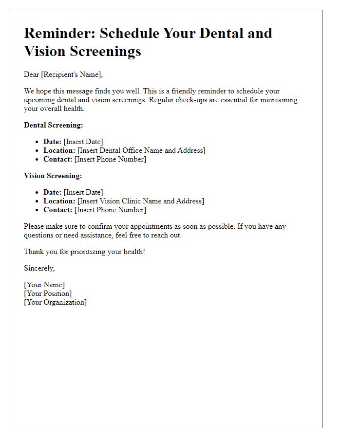 Letter template of reminders for dental and vision screenings