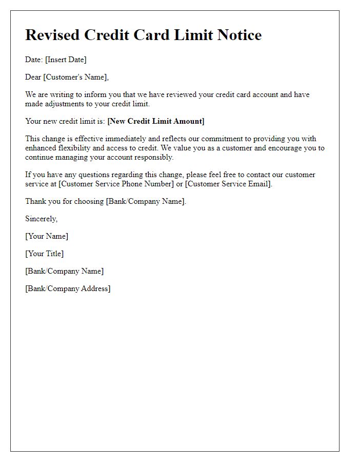 Letter template of revised credit card limit communication