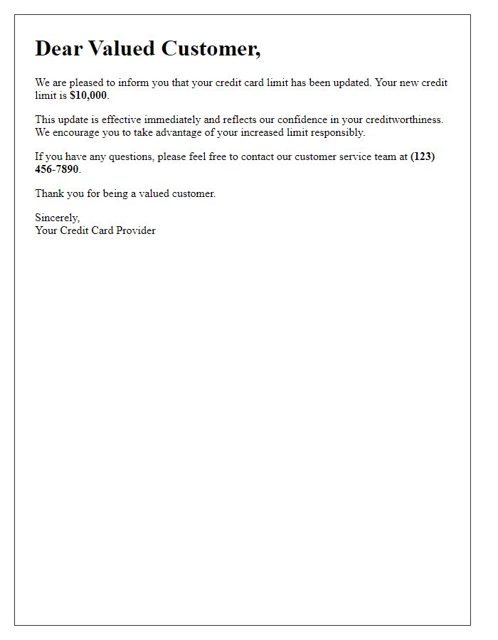 Letter template of updated credit card limit announcement