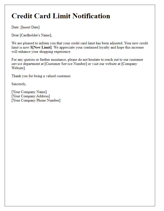 Letter template of your new credit card limit notification
