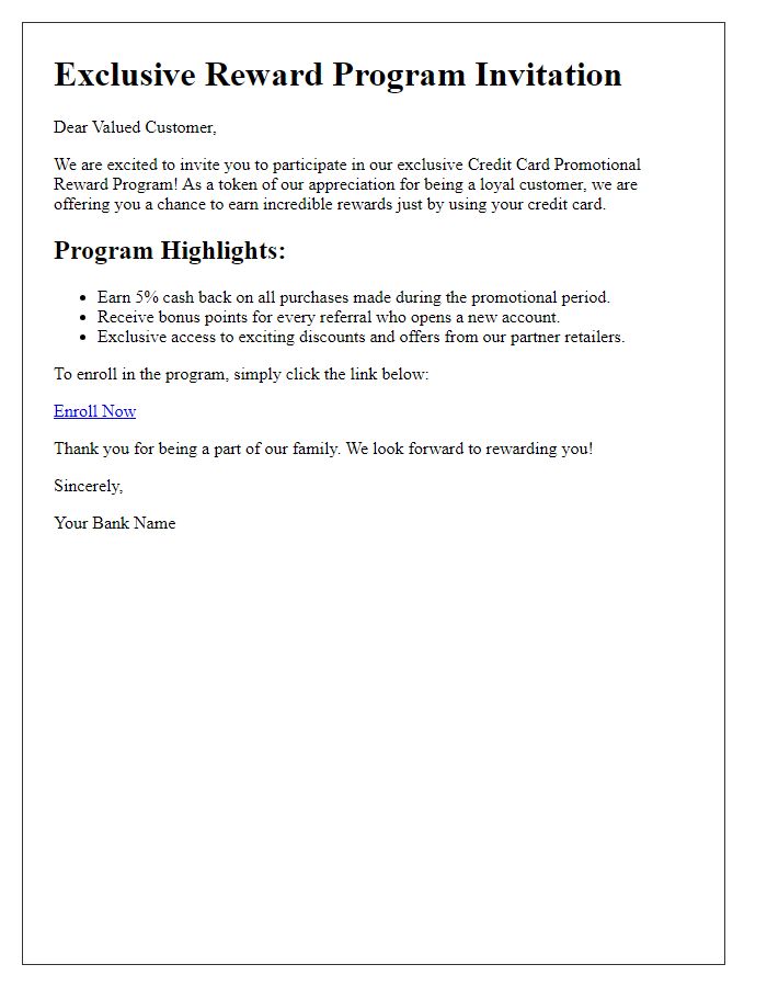 Letter template of credit card promotional reward program